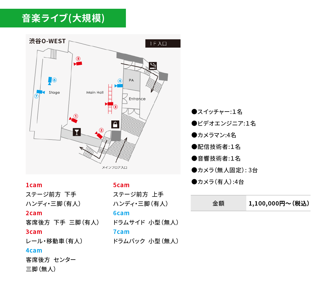 音楽ライブ(大規模)　●スイッチャー:１名　●ビデオエンジニア:１名　●カメラマン:4名　●配信技術者:１名　●音響技術者:１名　●カメラ（無人固定）: 3台　●カメラ（有人）:4台　金額 1,100,000円～（税込）